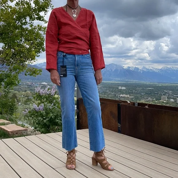 100% coral red linen wrap top. New with tags from Sundance. - Picture 4 of 5